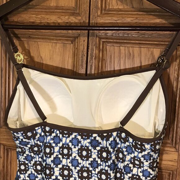 Michael Kors Tank Top Women's M Cami Shelf Bra Gold MK Logo Straps Blue Brown - Picture 7 of 10